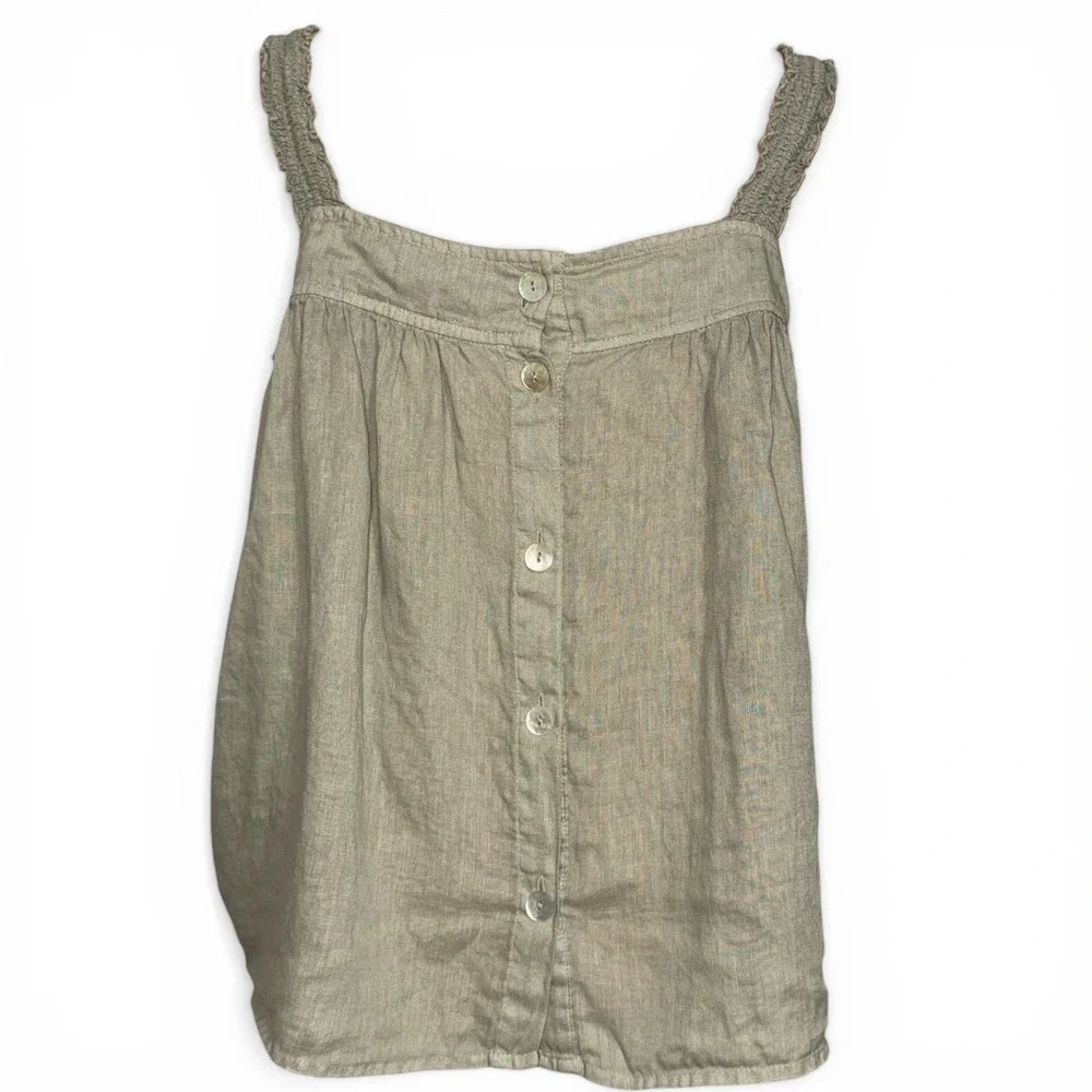 Cynthia Rowley 100% Linen Tank Top Olive Green Ruffle Strap Button Back Medium - Picture 7 of 10